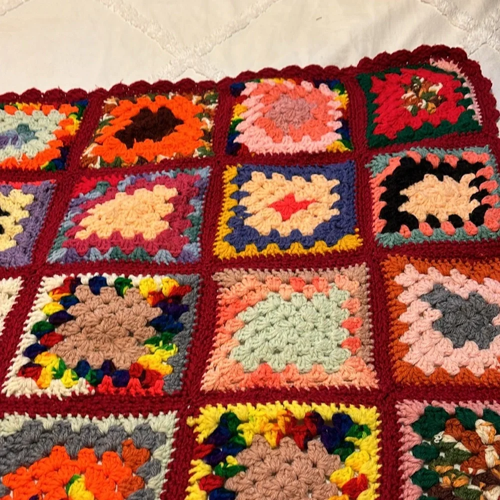 Crocheted Granny Square Multi Colored Afghan Lap Blanket - NEW